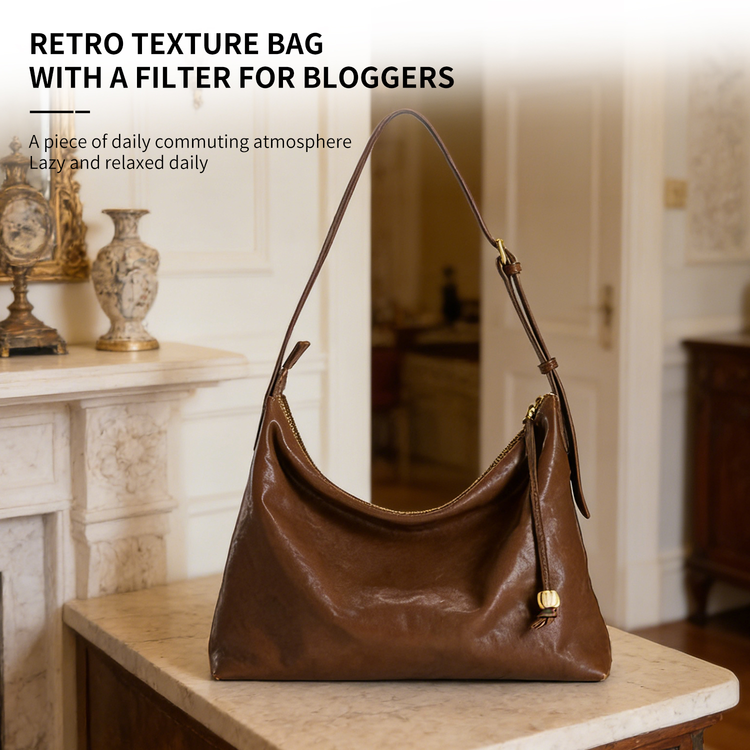 New minimalist top layer vegetable tanned cowhide leather bag for commuting women, women's single shoulder brown - 图片 2