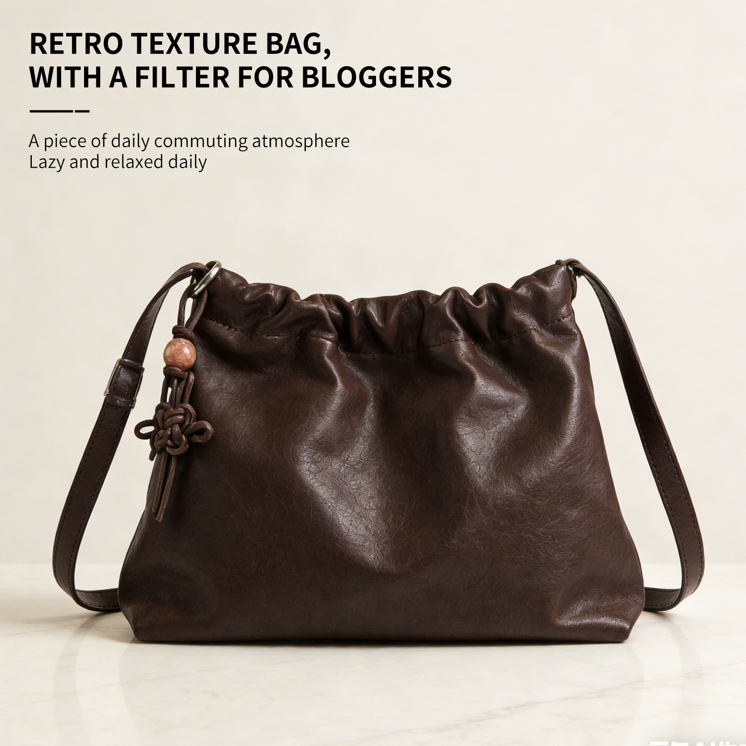 Cowhide lucky bag with niche design, pleated drawstring single shoulder crossbody women's bag - 图片 4