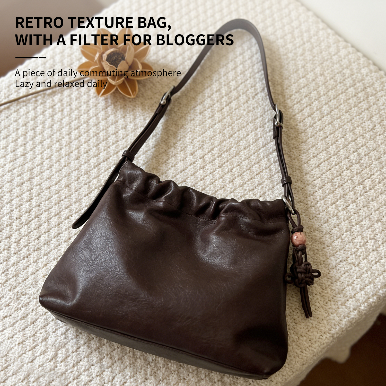 Cowhide lucky bag with niche design, pleated drawstring single shoulder crossbody women's bag - 图片 5