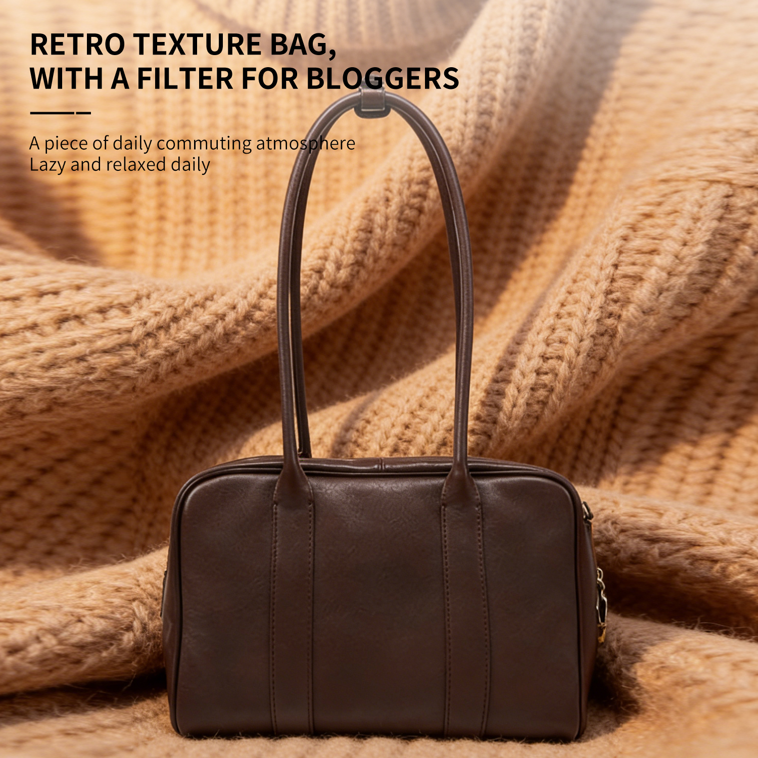 Single shoulder armpit retro women's bag lock box bowling bag large head layer cowhide - 图片 5